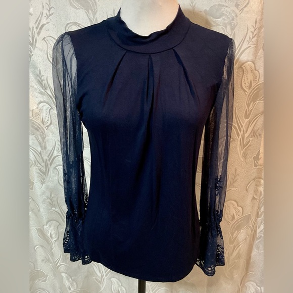 Willow Tops - Willow Navy Blue Sheer Long Sleeve Mock Neck Blouse